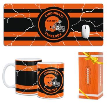 Imagem de Conjunto de caneca de café para fãs de futebol e tapete de mesa grande com tema de Cincinnati masculino namorado namorado marido presentes equipe exclusiva dia dos namorados elefante branco mordaça