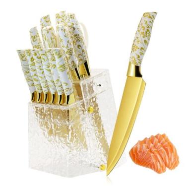 Imagem de Conjunto de blocos de facas Wopzra Gold Sharp em aço inoxidável 14 uni