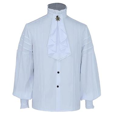 Imagem de Camisa masculina de pirata medieval de manga comprida com babados, camisa solta de abotoar, fantasia de poeta colonial, vestido chique, Branco, M