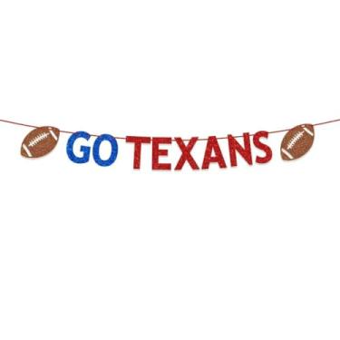 Imagem de Faixa Go Texans, decorações de dia de jogo de futebol, decorações de festa de futebol texano azul vermelho glitter