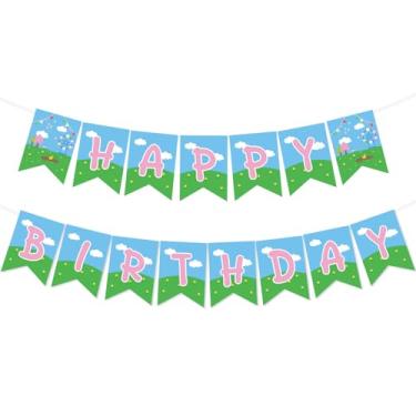 Imagem de Faixa Feliz Aniversário, Faixa Pendurar com Tema Animal de Desenho Animado Rosa Pré-Enfiada para Decoração de Parede e Teto Artigos para Festa Aniversário Infantil (Estilo A)