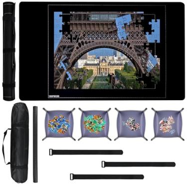 Imagem de Faburo Tapete de quebra-cabeça de borracha para enrolar 1500 peças, protetor de armazenamento de quebra-cabeça de 117 x 66 cm com 4 bandejas de triagem, bolsa portátil de armazenamento de viagem e
