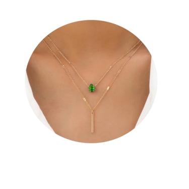 Imagem de Colar de camada pendente de ouro verde esmeralda azul para mulheres, One Size, Metal, Sem Pedra Preciosa