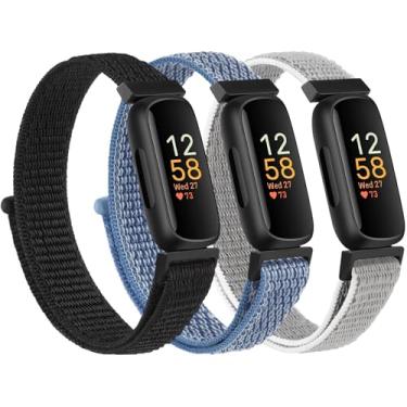 Imagem de Pacote com 3 pulseiras de nylon para Fitbit Inspire 3 para mulheres e homens, pulseiras de substituição de nylon ajustáveis para Fitbit Inspire 3 Fitness Tracker (preto + capa azul + cinza)