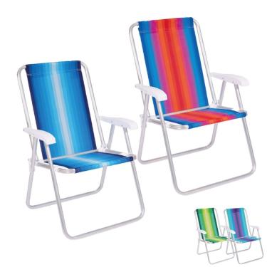 Imagem de Kit 2 Cadeira Alumínio Encosto Alto Listrada Camping Praia Piscina Cores Sortids - 2184 Mor