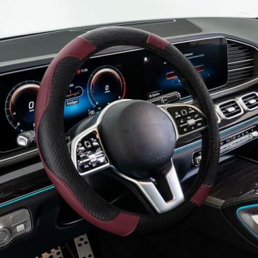 Imagem de Lyxheth Capa de volante de carro, protetor de volante, protetor de volante elástico de couro de microfibra de fibra de carbono de 38 cm, acessórios de volante de carro para veículos (preto vinho)