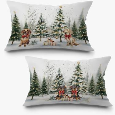 Imagem de Exqcom Conjunto de 2 capas de almofada de dachshund de Natal 30,5 x 50,8 cm, presentes para amantes de dachshund, capa de almofada lombar para cães com árvore de Natal rústica para casa, sala de estar