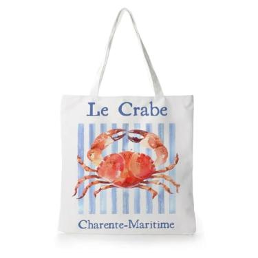 Imagem de Yhtrg Sacola de caranguejo listrada azul de praia costeira, bolsa de lona náutica com ombro de peixe do oceano costeiro para mulheres, presentes de praia para mulheres, sacolas de compras de