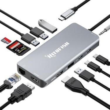 Imagem de Estação de ancoragem para laptop USB C, dongle adaptador multiportas tipo C 12 em 1 com 3 monitores (HDMI duplo, VGA, PD, Ethernet, SD/TF, portas USB C/A, microfone/áudio) compatível com laptops