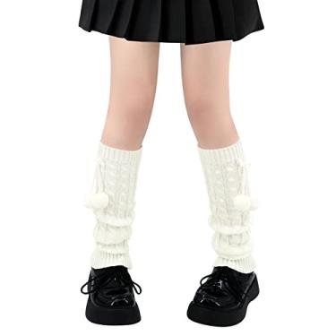 Imagem de Polainas para mulheres, meninas, estilo japonês, lolita, meias longas de malha kawaii, meias góticas Harajuku, cobertura de perna, Um pompom branco, Tamanho Único