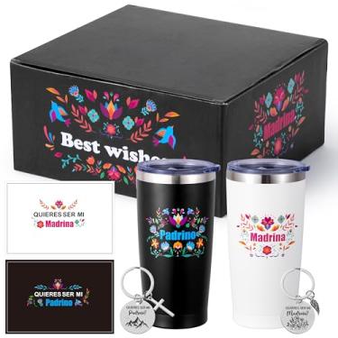 Imagem de R HORSE Presente de pedido de padrinhos - Presente de proposta Padrinos Madrina 590 ml conjunto de copo isolado de aço inoxidável com chaveiro e cartão, presentes de aniversário de batismo de Natal