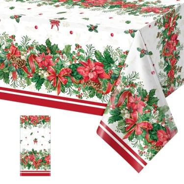 Imagem de 1 peça de toalhas de mesa de poinsétia de azevinho de Natal, toalha de mesa com fita vermelha de azevinho e baga de azevinho, capa de mesa descartável de plástico para decoração e suprimentos de festa