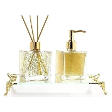 Imagem de Kit Lavabo Bandeja Saboneteira Aromatizador Cubo 250ml(KIT COM BANDEJA,Rose)