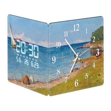 Imagem de SCOAGE Relógio de parede de canto digital elétrico com umidade dia semana temperatura mar gramado luz noturna relógios analógicos operados por bateria grande visor para idosos casa de fazenda sala de