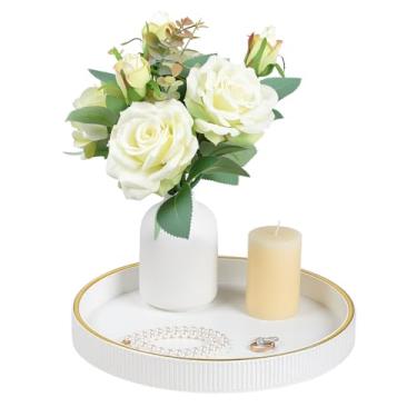 Imagem de Cretkhp Bandeja decorativa redonda para decoração de mesa de café, bandeja de mesa de centro de couro PU, acabamento dourado para decoração de casa, sala de estar, mesa de jantar, bandejas de perfume