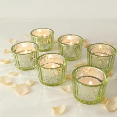 Imagem de Conjunto de 12 castiçais votivos redondos transparentes, decorações de mesa de centro de mesa de casamento, suporte de vela de vidro mercúrio para chá de panela, chá de bebê e decoração de casa (verde