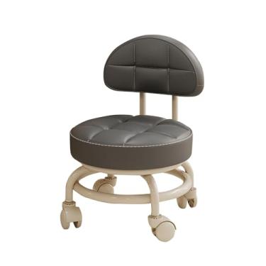 Imagem de BSNANCA Banqueta redonda giratória baixa com rodas giratórias e assento de couro PU para cozinha, escritório, biblioteca, banquinho pequeno com rodinhas para adultos (cinza escuro)