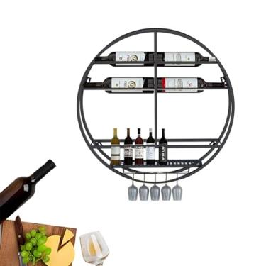 Imagem de THGYJP Prateleiras de metal para bar de vinho prateleira de exibição de garrafa de licor montada na parede com rack de copo de vinho, minibar, armário de álcool redondo para cozinha, sala de jantar