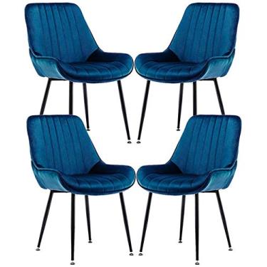 Imagem de Cadeira de jantar, cozinha, sala de jantar, móveis, cadeiras de veludo, cadeiras de jantar retrô, conjunto de 4 cadeiras de lazer para sala de estar com pernas e encosto de metal preto (cor: azul)