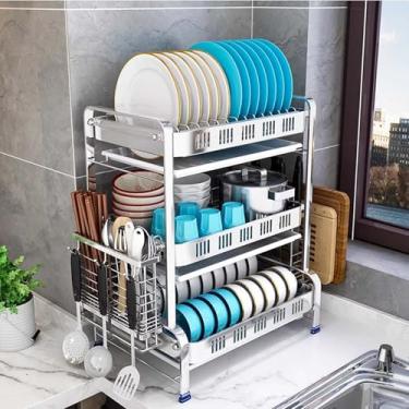 Imagem de Escorredor de louça de 3 camadas para balcão de cozinha 41,5 x 30 x 55 cm, grande organizador de pratos de aço inoxidável, durável, economia de espaço, escorredor de pratos à prova de ferrugem com
