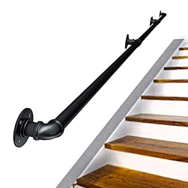 Imagem de Corrimão de escada, tubo de ferro, corrimão, escada, degraus, trilho de mão para escadas internas, capacidade de carga de 199 kg, suporte de montagem na parede, aço galvanizado, estilo industrial