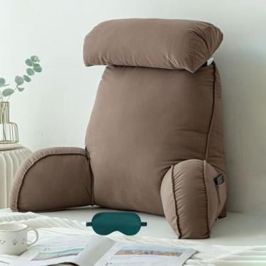 Imagem de Travesseiro ergonômico de leitura para descanso de cama com rolo de pescoço removível, com braços de suporte para livros, almofada de suporte lombar macia com densidade ideal, travesseiro de cintura