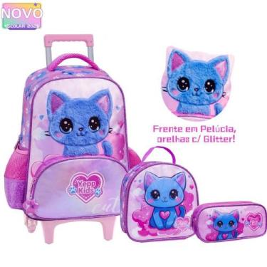Imagem de Kit Mochila Rodinha Gato Pelúcia Orelhas Glitter Infantil Escolar 2026
