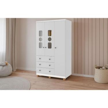 Imagem de Guarda Roupa Bebê C/ 3 Portas (2 Cristal) E 3 Gavetas Tedy Branco - Peroba