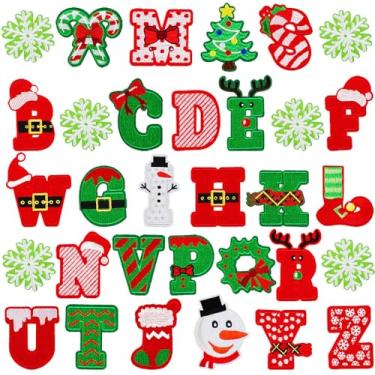 Imagem de Remendos bordados de Natal com letra de ferro para roupas, costurar bordado alfabeto letterman jaqueta patch A-Z aplique e aplique de floco de neve para bolsas, jaquetas, jeans, camisas (32 peças)