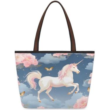 Imagem de Bolsa grande para mulheres, unicórnio, animal, borboleta, bolsas de pano de trabalho fofas com zíper, reutilizáveis, bolsas de mão de mercearia, casual, viagens, trabalho, férias, praia, compras