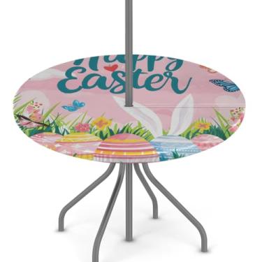 Imagem de hongjinglin Toalha de mesa de Páscoa para uso ao ar livre com orifício para guarda-chuva, toalha de mesa redonda elástica com zíper, impermeável, limpável, para piquenique, festa, pátio, serve para
