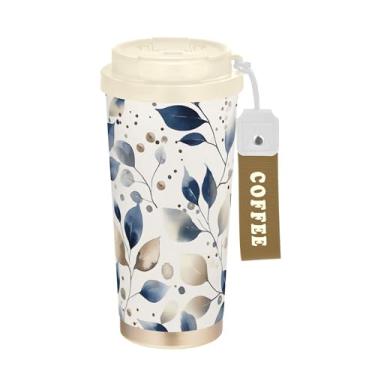 Imagem de SEHANY Caneca de viagem Green Leaves de 482 ml Copos de café reutilizáveis revestidos de cerâmica com tampa à prova de vazamento, parede dupla, isolamento a vácuo, copo de café de aço inoxidável para