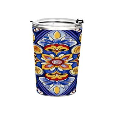 Imagem de Blueangle Copo de 340 g com tampa e canudo, copo de café com água isolada a vácuo de aço inoxidável, caneca térmica de cerâmica mexicana para bebidas quentes e frias (150)