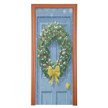 Imagem de ATTX Capa para porta da frente da guirlanda de Natal - Decoração de férias de tecido elástico lavável para festas, casa, decoração de porta da frente, 91 x 242 cm (126)