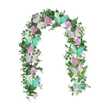 Imagem de WeiLaiKeQi Decoração de guirlanda de flores artificiais, videiras de eucalipto artificiais, 70,87 polegadas com borboleta para caminho de mesa, sala de cerimônia, Style B