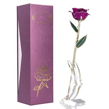Imagem de Presente de flor rosa preservada mergulhada em ouro 24K real com suporte, lembrança elegante de longa duração para o dia dos namorados, aniversário, decoração de casamento,