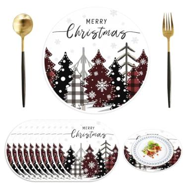 Imagem de 50 peças de jogo americano de Natal descartável de papel redondo de 33,4 cm tapetes de mesa decorativos de inverno para cozinha, jantar e festa (árvore xadrez preta)