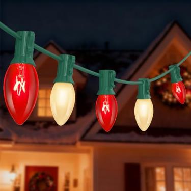 Imagem de C9 Cordão de luzes vermelhas e brancas de Natal com 26 lâmpadas incandescentes vermelhas e brancas, luzes de Natal multicoloridas ao ar livre à prova d'água para festa, jardim, casamento, bistrô