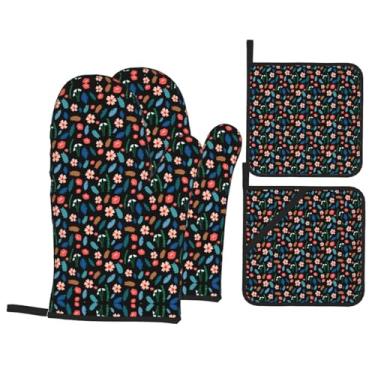 Imagem de Flores - Conjunto de luvas de cozinha estampadas com suportes de tampa, luvas de forno resistentes ao calor para manusear panelas quentes, grelhar, churrascos, kit de 4 peças.