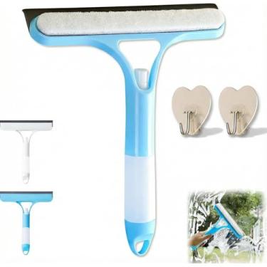 Imagem de Raspador de limpeza de janelas 3 em 1, rodo sem riscos para esfregador de janela de vidro de chuveiro, spray, rodo de silicone, pano de esponja, para espelho, paredes de azulejo, com 2 ganchos de