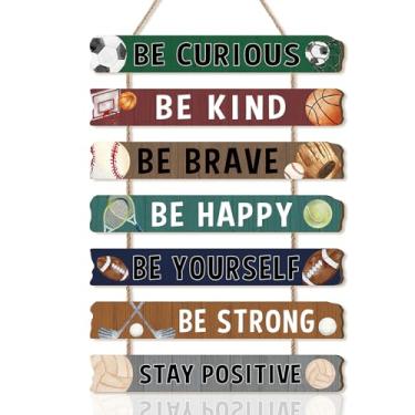 Imagem de HLNIUC Placa de madeira com tema esportivo (28 x 5 cm) decoração de parede com frases motivacionais de basquete, placa de pendurar inspiradora Be Curious Be Kind, placa de pendurar clássica para