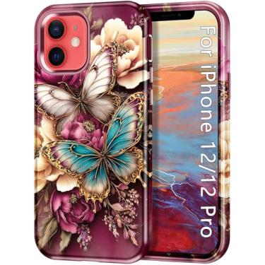 Imagem de Btscase Capa para iPhone 12/iPhone 12 Pro, capa resistente de três camadas de mármore à prova de choque de corpo inteiro resistente PC rígido + TPU macio com proteção contra quedas femininas para