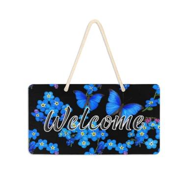 Imagem de Burbuja Placa de boas-vindas de borboletas azuis para porta da frente, placa de boas-vindas de PVC para decoração de férias, 15 x 28 cm