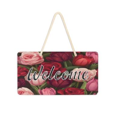 Imagem de Burbuja Placa de boas-vindas de tulipa rosa para porta da frente, placa de boas-vindas de PVC para decoração de férias, 15 x 28 cm