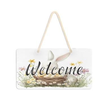 Imagem de Burbuja Placa de boas-vindas de coelho com flores ovos para porta da frente, placa de boas-vindas de PVC para decoração de férias, 15 x 28 cm