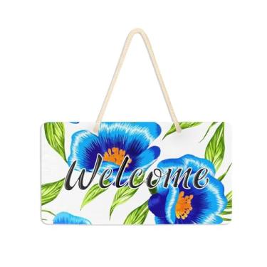 Imagem de Burbuja Placa de boas-vindas de flores azuis para porta da frente, placa de boas-vindas de PVC para decoração de férias, varanda de fazenda, 15 x 28 cm