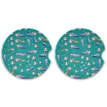 Imagem de Burbuja Chuteiras de futebol bolas em porta-copos de carro azul-petróleo para porta-copos, pacote com 2, porta-copos de cerâmica absorvente para carro com entalhe de dedo, acessórios de carro fofos