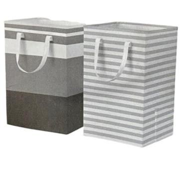 Imagem de Cesto Organizador Dobrável Multifuncional, Cinza e Listrado, Poliéster e Metal, 40x30x60cm, para Roupas e Brinquedos