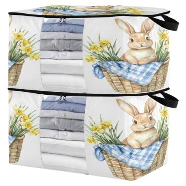 Imagem de Burbuja Bolsa de armazenamento de roupas de flor de coelho com tampas e alça, embalagem com 2 recipientes de armazenamento de cobertor dobrável com zíper resistente e janela transparente para armário