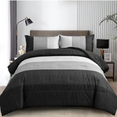 Imagem de WONGS BEDDING Conjunto de edredom King preto reversível listrado preto alternativo para cama king, 3 peças (1 edredom + 2 fronhas), conjunto de edredom de microfibra macia 264 cm x 224 cm
